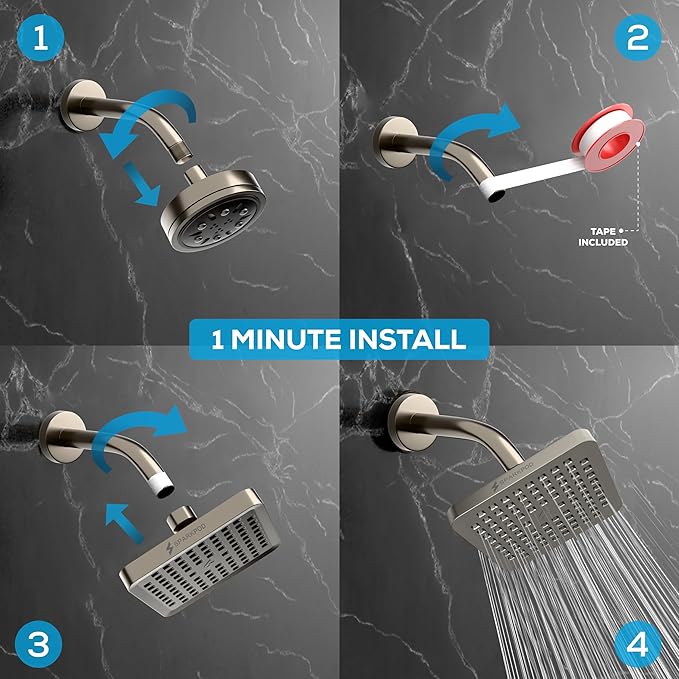 SparkPod Rain Shower Head, 8 Inch Square, Elegant Brushed Nickel Finish | High Pressure Shower Heads, 90 Nozzles, Adjustable Showerhead, No Tools Needed, Universal Connection