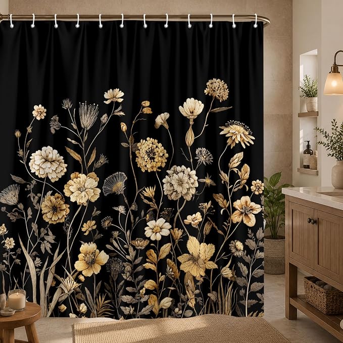 Vintage Boho Black Gold Floral Shower Curtain, Rustic Farmhouse Flower Shower Curtain Set, Cute Botanical Wlidflowers Fabric Shower Curtains Decoration, 72X72 Aesthetic Bathroom Accessories