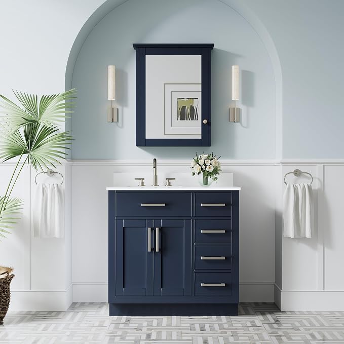 36-Inch Bathroom Vanity with Sink W/ 2 Doors & 4 Drawers & 1 Flip Drawer, Navy Blue Vanity W/Brushed Nickel Handles