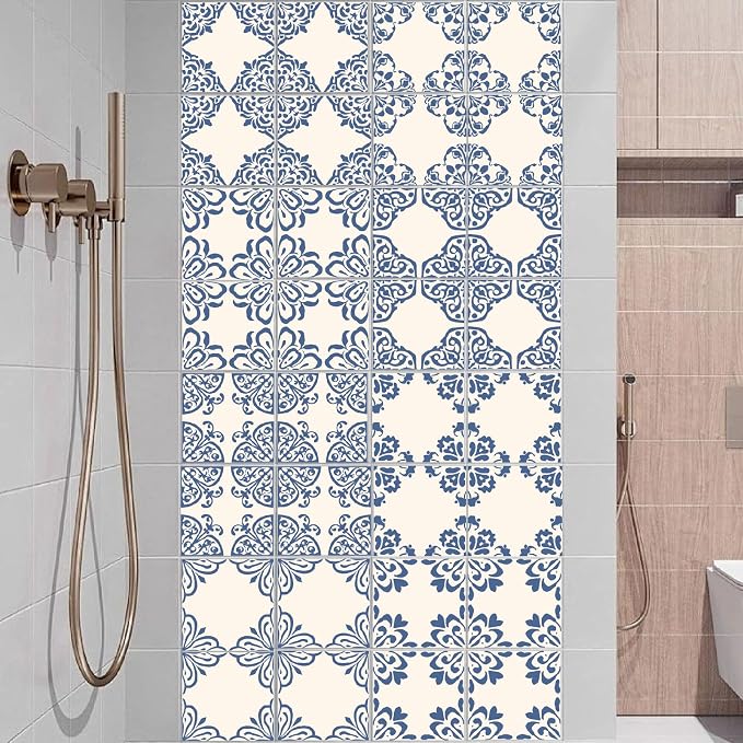 36Pcs 9 Styles Blue and White Tile Stickers 4 x 4 Inch Ceramic Tile Decals Square Flower Pattern Waterproof PVC Peel and Stick Decals for Kitchen Bathroom Backsplash Furniture DIY Decor