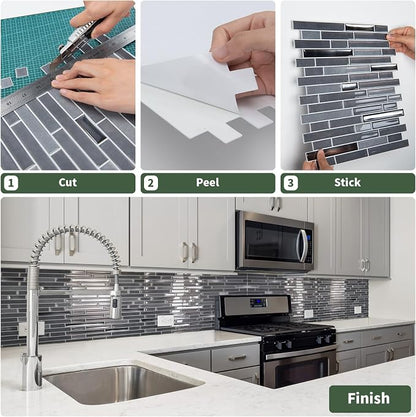 LONGKING 10-Sheet Extra Thick Peel and Stick Backsplash Tiles, Waterproof Kitchen Backsplash Peel and Stick Tile, Self-Adhesive Backsplash for Kitchen, Dark Gray | Peel and stick backsplash, self-adhesive wall tile, Gray, extra thick, waterproof, kitch...