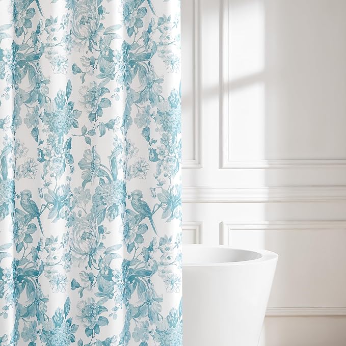 Lush Decor Bird and Hydrangea Toile Shower Curtain Single 72" W x 72" L Teal - Floral Shower Curtains for Bathroom - Bathroom Curtain - Vintage Decor