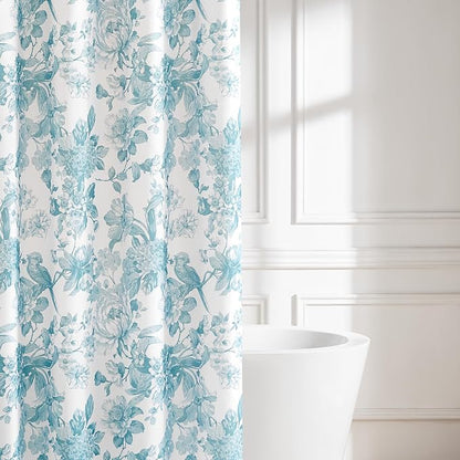 Lush Decor Bird and Hydrangea Toile Shower Curtain Single 72" W x 72" L Teal - Floral Shower Curtains for Bathroom - Bathroom Curtain - Vintage Decor