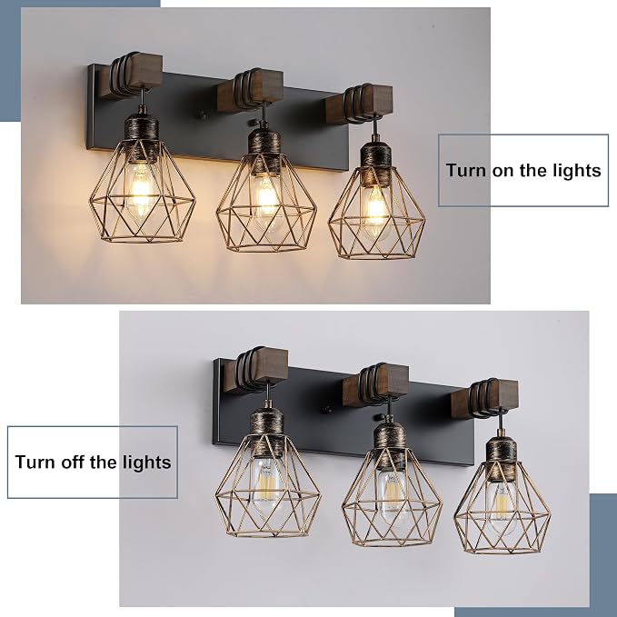 VbiTmn Black Gold Bathroom Light Fixtures, 3-Light Farmhouse Vanity Light | Wood Vanity Lights, Rustic Wall Mount Over Mirror for Bedroom & Hallway, Easy to Install, Sturdy Build for Bathroom Use
