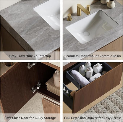 30” Floating Bathroom Vanity with Sink, Wall-Mounted Cabinet with Drawer & Doors, Gray Travertine-Pattern Sintered Stone Top, Undermount Basin, 3 Faucet Hole, Soft-Close, Pre-Assembled, Brown Oak