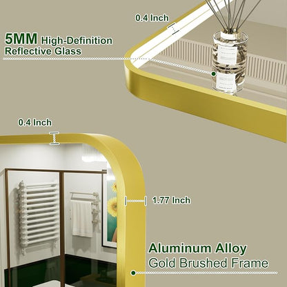 20x28 Inch Gold LED Bathroom Mirror with Lights,3000K/4500K/6000K | Stepless Dimmable, Memory Funtion,Anti-Fog, Aluminum Frame Wall Mount Lighted Bathroom Vanity Mirror, ETL Listed, Waterproof