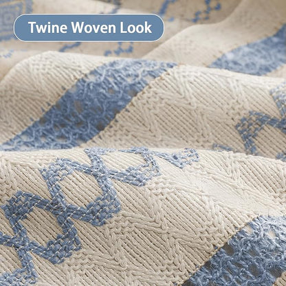 Light Blue Boho Linen Shower Curtain,72" W x 72" L | Linen Striped Print and Twine-Inspired Woven Center for Bathroom