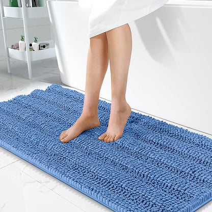 OLANLY Bathroom Runner Rugs 47x24, Soft Chenille Bath Rugs, Cornflower Blue | Rubber Backing, Machine Wash, Extra Absorbent Striped Bath Mats for Bathroom Floor, Tub and Shower, Home Decor Accessories