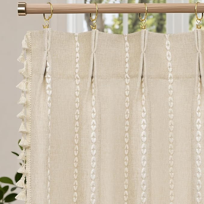 Seenus Beige Boho Farmhouse Window Curtain with Tassels, 30 x 36 Inch Light Filtering Sheer Short Cafe Window Curtain Tier, Linen Textured Pleated Small Window Drape for Kitchen or Bathroom, 1 Panel
