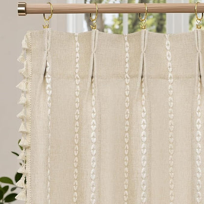 Seenus Beige Boho Farmhouse Window Curtain with Tassels, 30 x 36 Inch Light Filtering Sheer Short Cafe Window Curtain Tier, Linen Textured Pleated Small Window Drape for Kitchen or Bathroom, 1 Panel