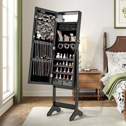 GOFLAME Jewelry Armoire Cabinet Standing, Lockable Full Length Mirror with Storage Shelves and 2 Drawers, Adjustable Tilt Angles, Stand Up Jewelry Box with Lighted Mirror (Black)