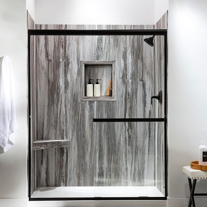 Palisade 17.5 in x 15.5 in Vinyl Shower Niche Louvre Granite | Waterproof Shower Insert