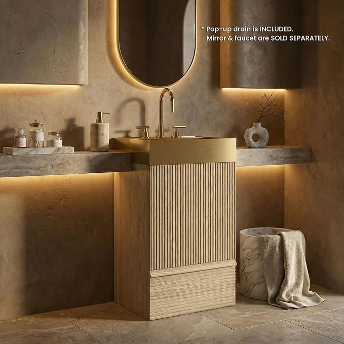 20 inch Bathroom Vanity with Golden Metal Sink, Bath Storage Cabinet with Soft-Closing Door and Drawer, Perfect for Small Space, Powder Room, Hotel, Light Oak