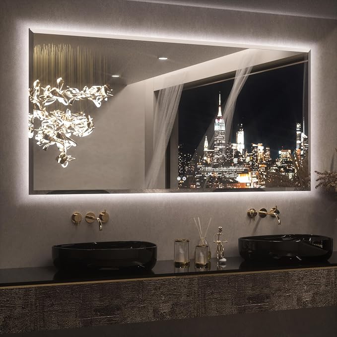 Keonjinn 72"x36" LED Backlit Mirror Bathroom, Tempered Glass Beveled Edge | Dimmable Lights(Warm/Natural/White), Fast & Safe Defogging, Hardwired/Plug in, Secure Installation, Lighted Bathroom Mirror
