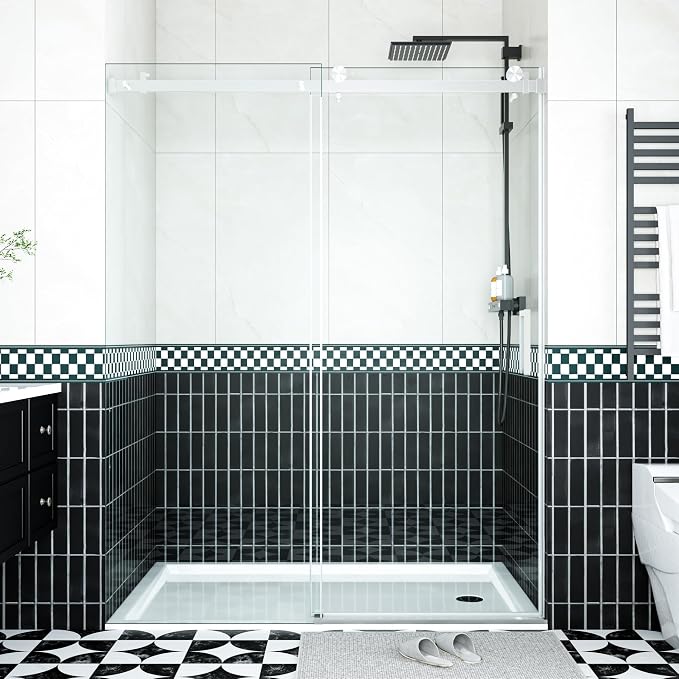 Glass Shower Door 56–60 Inch W x 76 Inch H, Frameless Sliding Shower Enclosure with Fixed Panel, 8mm Coated Tempered Safety Glass, Square Stainless Steel Rail, Brushed Nickel