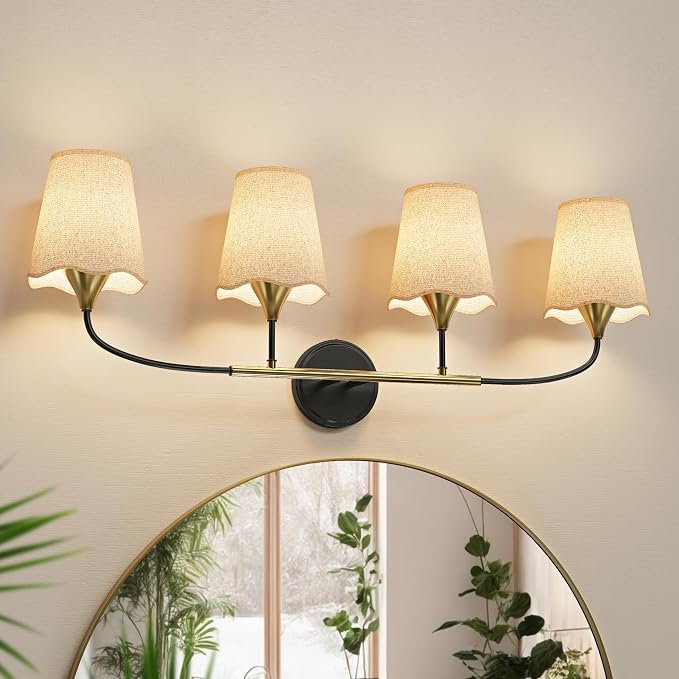 Morauroral Bathroom Light Fixtures Over Mirror, 4 Light Vanity Light for Bathroom, Black Gold Vanity Light Fixtures with Fabric Linen Shade, E26 Socket Sconce Wall Decor(ETL Listed)