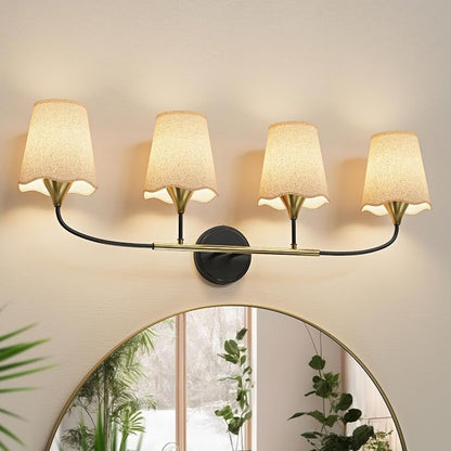 Morauroral Bathroom Light Fixtures Over Mirror, 4 Light Vanity Light for Bathroom, Black Gold Vanity Light Fixtures with Fabric Linen Shade, E26 Socket Sconce Wall Decor(ETL Listed)