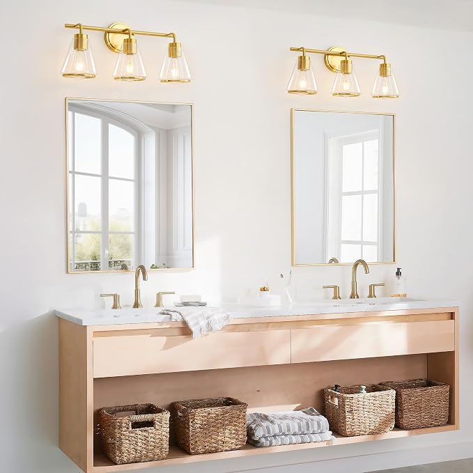 22" 3-Light Brushed Gold Modern Bathroom Vanity Light Fixtures Over Mirror | Clear Glass Shade, Heat-Resistant Ceramic E26 Socket, Wall Sconces, Rustproof, Fit 16–22 Inch Mirrors for Vanity Table