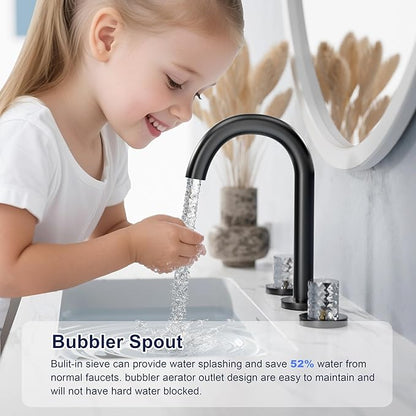 Bathroom Faucets for Sink 3 Hole, Bathroom Sink Faucet Widespread 8 Inch, Matte Black Faucet with Pop Up Drain and Hose