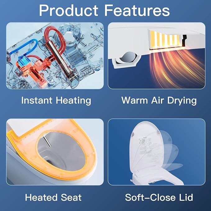 Electric Heated Bidet Toilet Seat with Adjustable Warm Water, Rear & Front Wash, Warm Air Dryer, Self-Cleaning Nozzle, Soft Close, Nightlight, Remote Control,Elongated