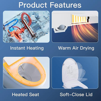 Electric Heated Bidet Toilet Seat with Adjustable Warm Water, Rear & Front Wash, Warm Air Dryer, Self-Cleaning Nozzle, Soft Close, Nightlight, Remote Control,Elongated