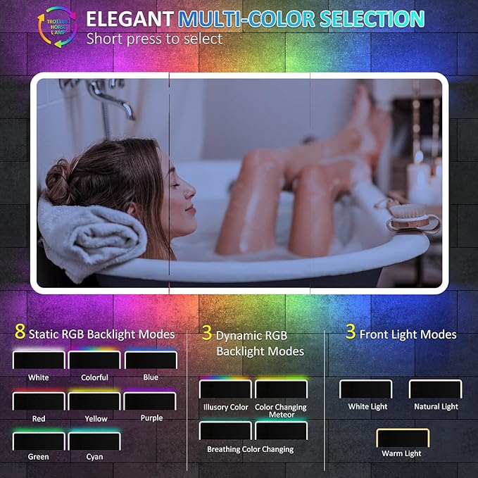 60×32 Inch Lighted Medicine Cabinet with Mirror, RGB Backlit LED Medicine Cabinet with 3-Color Front Lights, Bathroom Mirrored Cabinet with Electrical Outlet, Defogger, Three Door