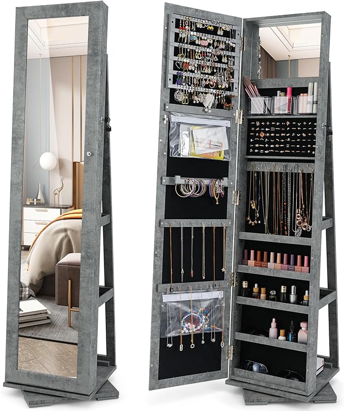 LOKO 360° Rotating Jewelry Armoire, Freestanding Jewelry Cabinet with Inside Makeup Mirror, 2-in-1 Lockable Jewelry Organizer w/Full-Length Mirror for Women (Stone Gray)