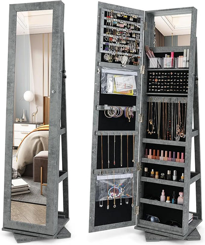 LOKO 360° Rotating Jewelry Armoire, Freestanding Jewelry Cabinet with Inside Makeup Mirror, 2-in-1 Lockable Jewelry Organizer w/Full-Length Mirror for Women (Stone Gray)