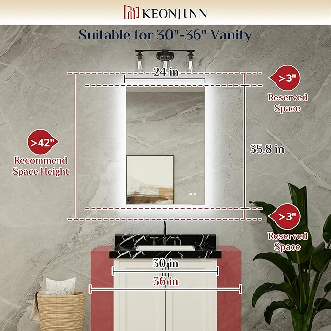 Keonjinn 24" x 36" Backlit Bathroom Mirror with Lights, Safe Tempered Glass | 3 Color Temperature, Auto-OFF Defogging, Dimmable, High Lumen, Memory Function, Hardwired/Plug in, Backlight LED Wall Mirror