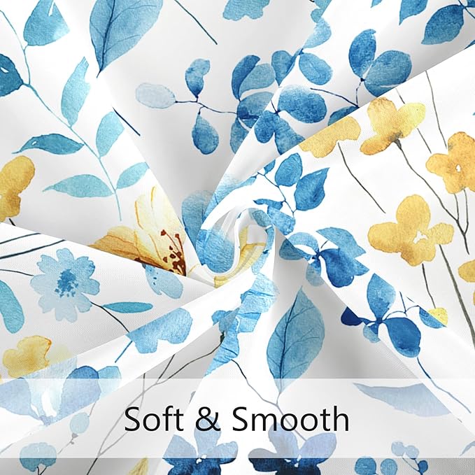 Blue Yellow Floral Shower Curtain, Cute Flower Fabric Shower Curtains for Bathroom, Watercolor Wildflower Butterfly Cloth Shower Curtain Set with Hooks, 72x72