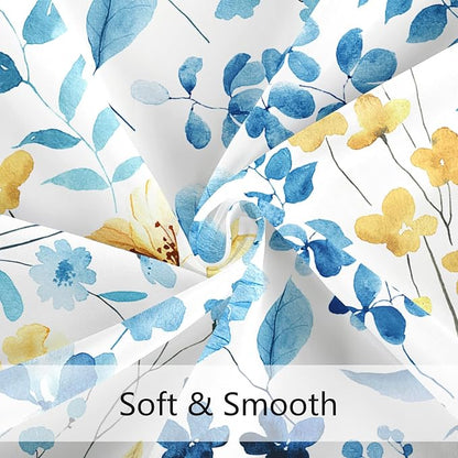 Long Shower Curtain 72 x 78 Inch, Tall Blue Yellow Floral Shower Curtains for Bathroom, Watercolor Flower Butterfly Fabric Shower Curtain Set with Hooks