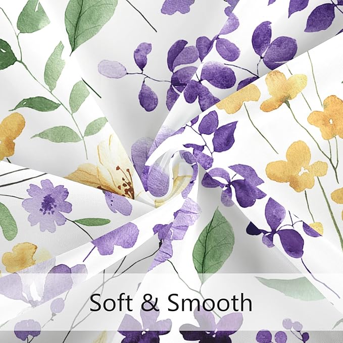 Purple Yellow Floral Shower Curtain, Cute Flower Fabric Shower Curtains for Bathroom, Watercolor Wildflower Butterfly Cloth Shower Curtain Set with Hooks, 72x72