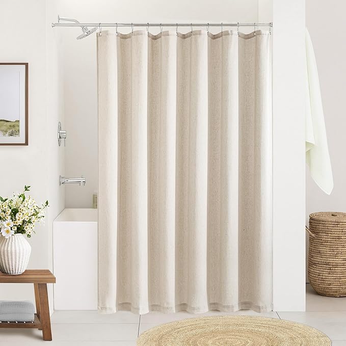 Beige Linen Shower Curtain for Bathroom Water Repellent 72x72 Inch | Neutral Shower Curtains Flax Textured Bath Decor Drapes Boho Farmhouse Rustic Shabby Chic Country Tan Beige with Hooks