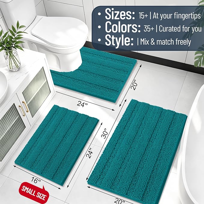 Smiry Thick Chenille Bathroom Rugs 36x24, Absorbent Bath Mat, Deep Lake | Quick‑Dry & Machine Washable, Non‑Slip Bath Carpet, Soft Striped Bath Rugs for Tub & Shower, Modern Home Decor Accessories