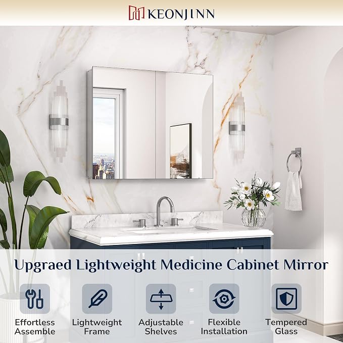 Keonjinn 30 x 26 Inch Bathroom Medicine Cabinet with Mirror, Ample Storage | Assembly Needed, Freely Adjustable Shelves, Tempered Glass, Surface Mount or in Wall, Durable DTC Hinges, Double-door, Silver