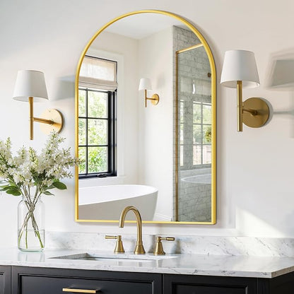 FGU Arched Bathroom Mirror for Over Sink 36"x24" Gold Vanity Mirror | Wall Mounted, HD Tempered Shatter-Proof Glass, Rust-proof Arched Metal Frame, Arch Mirror for Bedroom, Living Room, Entryway
