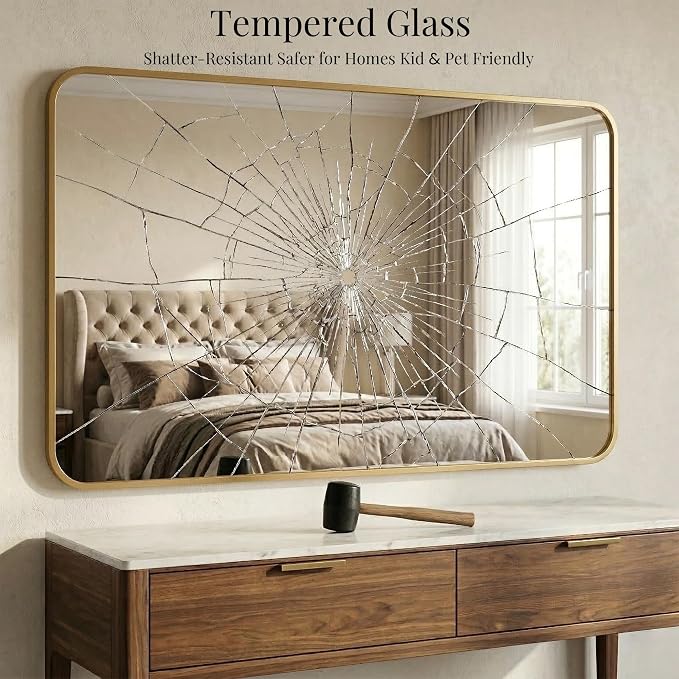 30x48 Inch Antique Gold Rounded Rectangle Bathroom Vanity Mirror | For Over-Sink Bathrooms, Powder-Coated Iron Frame, Layered Shadow Box Look, Vertical or Horizontal Layout