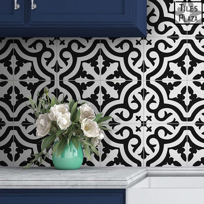 The Tiles Plaza Encaustic Peel and Stick Backsplash, Black and White Patterned Vintage Stick on Tiles, Stone Composite Self-Adhesive Wall Tile Sticker for Kitchen Bathroom Fireplace Stairs, 10 Sheets
