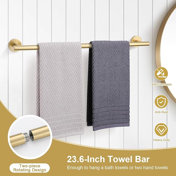 TQKAG 8-Pieces Bathroom Hardware Set, Brushed Gold Towel Bar Set 23.6 Inch | Towel Racks for Bathroom Wall, SUS304 Stainless Steel, Gold Bathroom Accessories with Paper Holders, Towel Rings, Towel Hooks