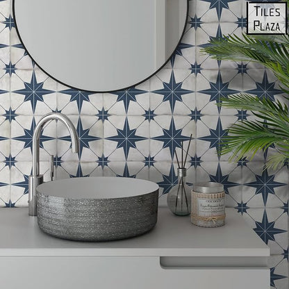 The Tiles Plaza Encaustic Peel and Stick Backsplash, Blue Star Patterned Vintage Stick on Tiles, Stone Composite Self-Adhesive Wall Tile Sticker for Kitchen Bathroom Fireplace Stairs, 10 Sheets