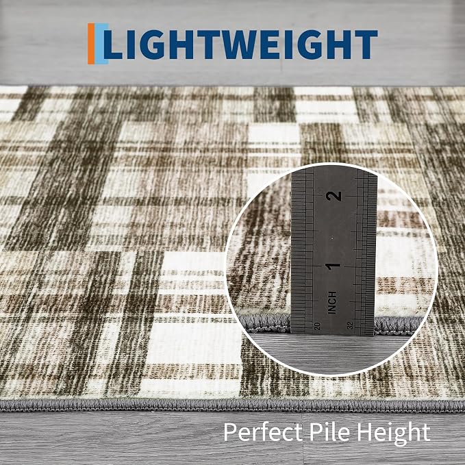 Runner Rugs for Hallway 2x6 Bathroom Rug Washable Area Rug Modern Plaid Low Pile Entryway Rug Small Non Slip Kitchen Rugs Stain Resistant Carpet for Laundry Bedroom Entrance, Beige 2'x6'