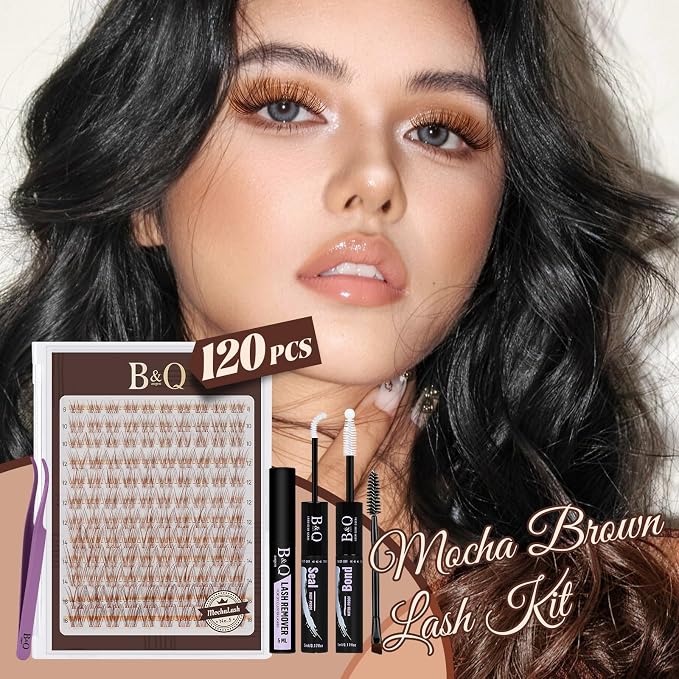 B&Q Brown Velure Lash Clusters Kit Natural Lashes Clusters, Wispy Light Brown Eyelash Cluster Kit C-8-16mm DIY Lash Eyelashes for Fair/Dark Hair, Lightweight & Invisible Band(Mochalash Velure 05 Set)