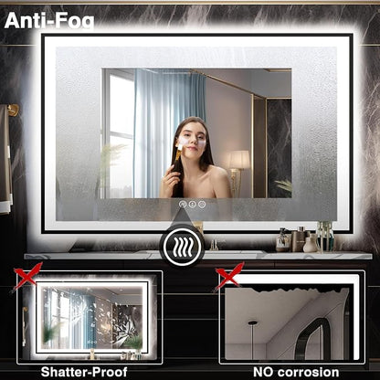 EchosLife 60x40 LED Mirror for Bathroom - Matte Black Framed | Black Frame, Front and Backlit, Anti-Fog, Stepless Dimmable, 3 Colors, Memory, Tempered Glass, UL Listed, Horizontal/Vertical