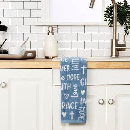 SKL Home Faithful Words Hand Towel Set-2pc, 100% Cotton Jacquard, Blue | Plush & absorbent terry. Pattern colors reverse on back side. For use in the bathroom, kitchen, or any sink space.