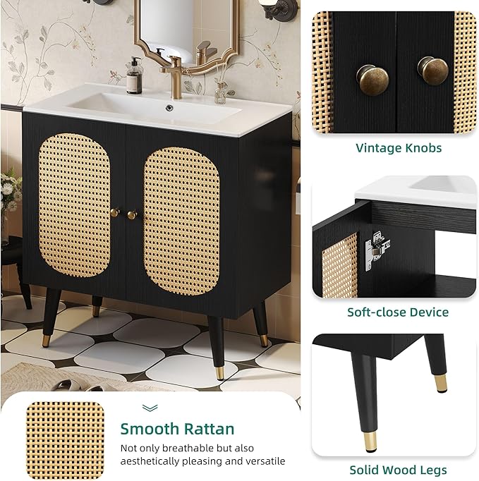 DWVO 36 Inch Rattan Vanity with Sink, Freestanding Bathroom Vanity Cabinet, Boho Style with 2 Large Soft-Closing Doors & Four-Sided Water Barrier Strip, Black