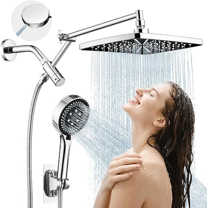 Shower Head with Handheld,High Pressure Chrome Rain Shower Head | Regaderas Para Shower,11.8" Rectangular,Rainfall Shower Head,Dual Shower Head,Bathroom Decor,Extension Arm,7 Spray Mode
