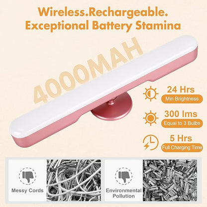 Set of 2 Wireless Vanity Makeup Lights for Mirror, Rechargeable LED Stick On Light Bar for Bathroom Mirror with Dimmable 3 CCT, Long Battery Life Cordless Light Valentine’s Day gift for Women(Pink)
