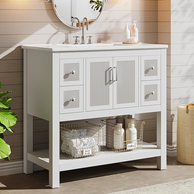 Tribesigns 36" Modern Bathroom Vanity with Sink, Freestanding Bathroom Vanities Cabinet Combo, Bathroom Sink Cabinet with 2 Doors and 1 Drawer, Solid Wooden Frame, White