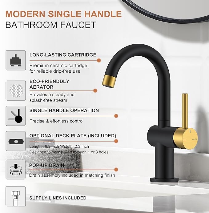 KENES Black and Gold Single Handle Bathroom Sink Faucet, Modern Prep Wet Bar Sink Faucet with Drain Assembly & Deck Plate, Vanity Faucets for Farmhouse RV Camper Utility, KE-9005B-BG