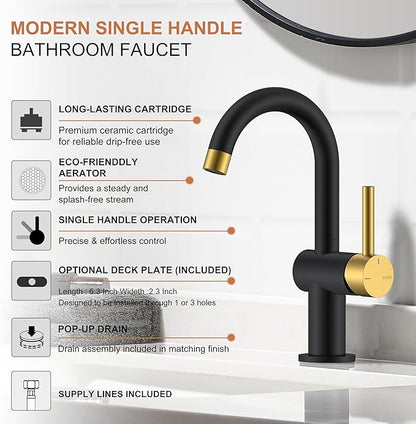 KENES Black and Gold Single Handle Bathroom Sink Faucet, Modern Prep Wet Bar Sink Faucet with Drain Assembly & Deck Plate, Vanity Faucets for Farmhouse RV Camper Utility, KE-9005B-BG